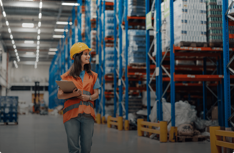 Warehouse worker with clipboard and hard hat.